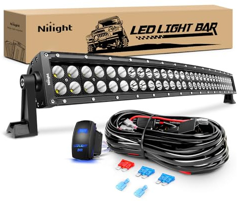 Nilight - ZH410 32Inch 180W Curved LED Light Bar Work Light Spot Flood Combo Offroad Driving Lights with 16AWG Wiring Harness Kit， 2 Year Warranty