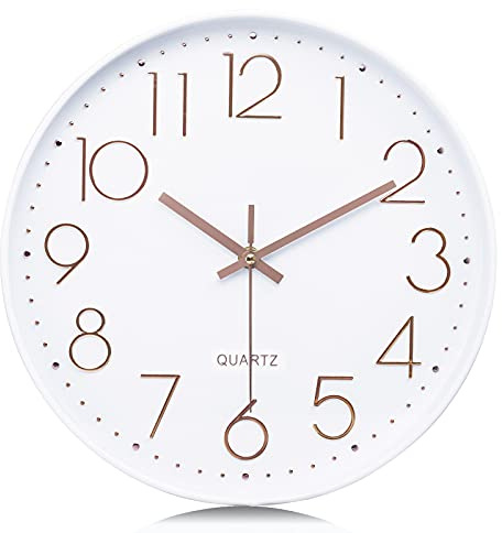 Lafocuse 30cm Orologio da Parete Moderno Silenzioso, Oro Rosa Numeri 3D Facile da Leggere, Bianco Orologio da Cucina senza Ticchettio per Casa Soggiorno Ufficio Camera da Letto
