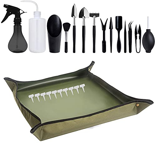 Secwell 25 Stück Mini Pflanzen Werkzeug Set Sukkulenten Pflanze Gartenwerkzeug Mit Wasserdicht Gartenmatte Faltbar Mini Garten Handwerkzeug Set für Sukkulenten Topfpflanze
