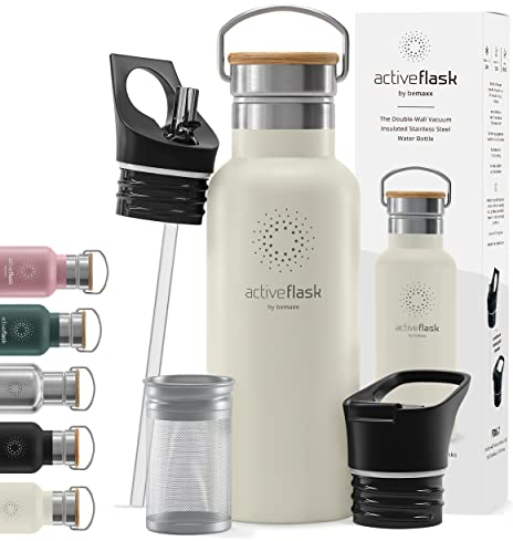 Botella de Agua Térmica ACTIVE FLASK + Pajita (3 Tapones) sin BPA - 1l & 500ml | Frasco Termo de Acero Inoxidable + Aislamiento Vacío | Cantimplora Aislada Bicicleta Deporte Caliente Fría Café Té