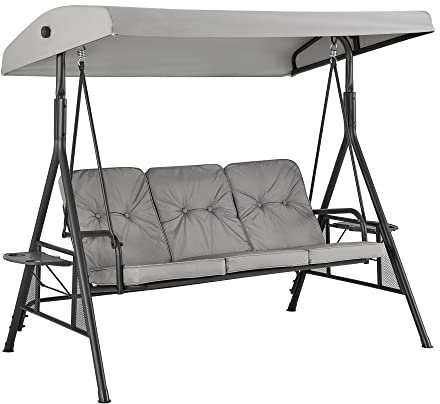 LIVIVO Florence 3 Seater Garden Swing Chair with Canopy – Outdoor Hammock Bench with Cushions, Armrests, Side Tables – Weather-Resistant Steel Frame for Patio, Balcony, Terrace, Lawn (Grey)