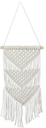 Relaxdays Macramé Mural, Fait Main, Style Boho, Décoration Murale, H x L : 70 x 25,5 cm, Coton, Bois, Couleur crème