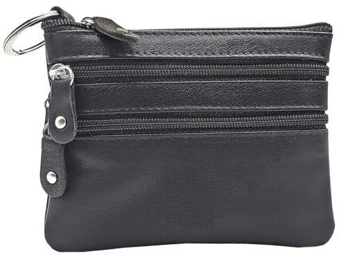 Monedero para Hombre con Cremallera, Fabricado en Piel, 4 Cremalleras y Llavero. Espacios para Monedas, Tarjetas y Billetes. Color Negro