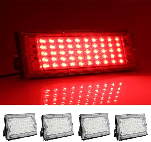 MODOAO Luces de inundación para exteriores, paquete de 4 luces LED roja de 50W 4800lm, luz exterior IP66, impermeable, para patio, jardín, garaje, césped, cancha
