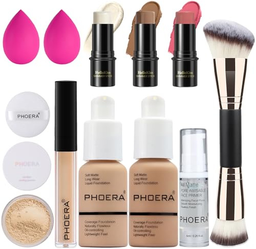 PHOERA Foundation 3-in-1 Contour Makeup Kit - Highlighter, Blush & Bronzer Sticks for Sculpting Cheeks (Light-Medium Contour/Buff Beige+Sand+#02,#10,#12)