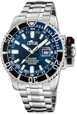 LOTUS Reloj Hombre Analógico de Acero Inoxidable 316l Plateado - Movimiento de Cuarzo - Calendario - Cristal Zafiro de Alta Resistencia - Resistente al Agua 30 ATM 18938/3 Diver
