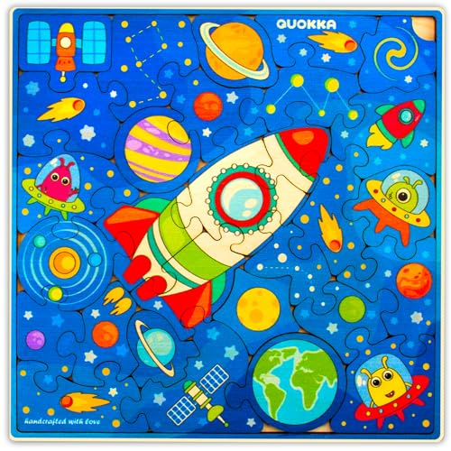QUOKKA Wooden Rocket Puzzles for Kids Ages 3-5 – 28 Pieces Toddlers Kids Puzzles Ages 4-8 Year Olds – Wood Rocket Toys for Children 6-8 yo