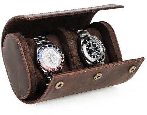 CONTACT'S FAMILY Scatola portaoggetti per orologi, in vera pelle, a 2 scomparti, custodia protettiva a rotolo, organizer per gioielli e orologi, con cuscini rimovibili (caffè)