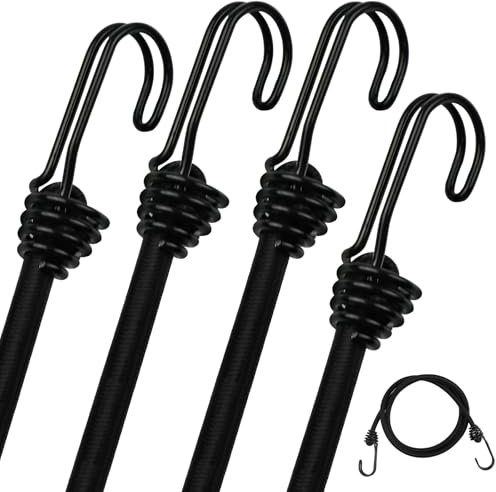 DRERIO 4 Pcs Bungee Cord with Hook 1m Heavy Duty Bungee Straps, Luggage Tie Downs Black Elastic Rope with Metal Hooks, Long Sizes Bundy Cord for Motorcycle Car Caravan Trunks Locking Load Securing