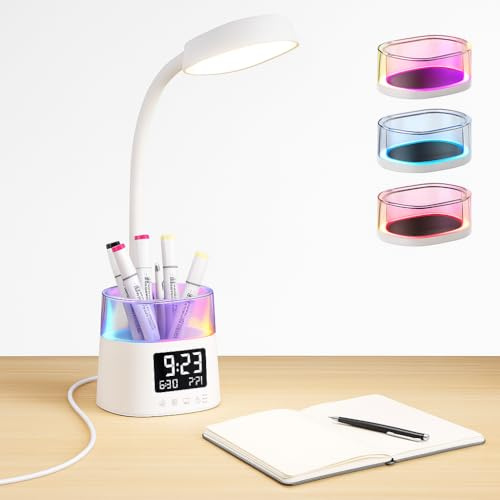 Lampe de Bureau avec Porte-Stylo & Lumières Ambiantes RGB, Lampe de Table à 3 Couleurs de Dimmable Stepless, Horloge & Minuterie & Lampe de Chevet Flexible 360°pour Étudiants