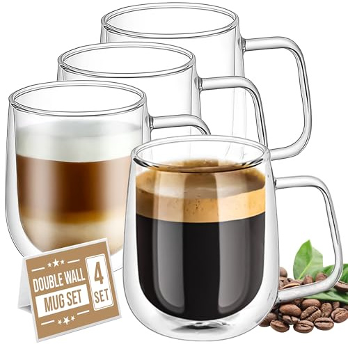 Volarium CRYSTALIA Double Walled Cappuccino Glasses 250ml Set of 4, 100% Lead Free Double Walled Coffee Cup, Insulated Espresso Coffee Mugs, Borosilicate Glass Macchiato Cups with Handle