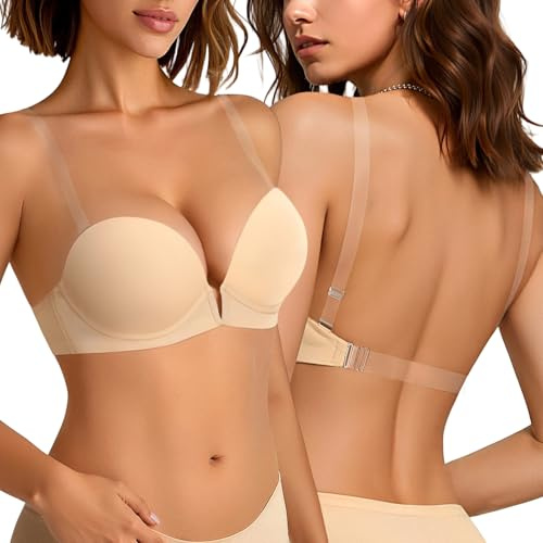 Upushall Soutien-gorge dos nu avec bretelles transparentes et soutien-gorge plongeant rembourré push-up à armatures pour femme