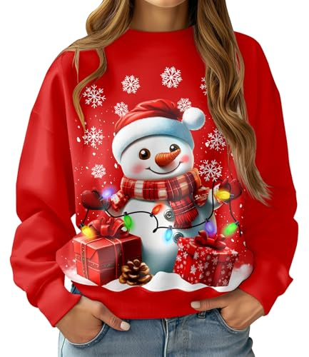 Fanient Haut De Noël pour Femme Bonhomme De Neige Manches Longues T-Shirt De Noël Adolescente Pull Drôle Veille De Noël XL