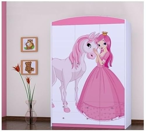BDW - Armoire avec Tiroirs - 128cm de Large, 190cm de Haut - Armoire de Couloir 3 Portes, avec Tringle À Vêtements et Étagères - pour Chambre À Coucher, d'enfant - Rose 2