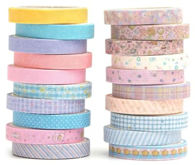 UYRVAPE Tunn washi tejp set maskeringstejp antikt mönster dekorativ tejp färgglad för gör-det-själv-hantverk, bullet journals, planerare, scrapbooking, förpackning (20 rullar), Tecknad serie, S