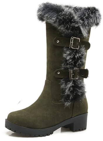 Wtharosa Stivali Alti con Plateau in Camoscio con Finta Pelliccia Tacco Largo Zip Laterale Moda Invernale per Clima Freddo attività all Aperto E Uso Quotidiano,Army Green,43 EU