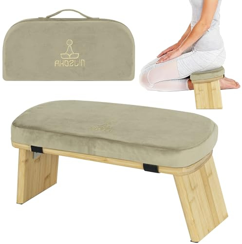 IPEB Meditationsbänk med kudde, vikbar ergonomisk bambu, meditationspall, stol, robust bönbänk, yogapall, golv, sittande knäpall för meditationer, yoga, bön (grön)