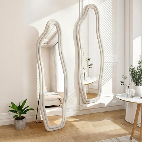 JYNVO helkroppsspegel, 160 x 50 cm, stående spegel, oregelbunden vågig design, sammetsram, U-format stativ, för sovrum, vardagsrum, vit, hängande/stående (vit, 160 x 50 cm)
