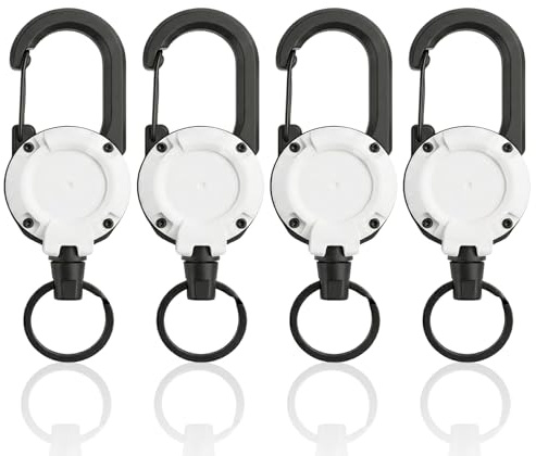 Lot de 4 porte-clés extensibles - Câble en acier - Cordon en acier - Porte-clés rétractables à tirer avec câble en acier de 65 cm - Pour porte-badge d'extérieur - Blanc