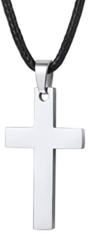 PROSTEEL Herren Halskette Edelstahl Simpel Kreuz Anhänger mit 55cm/22 schwarz Kunstleder Kette Religiöser Modeschmuck für Jungen Männer Frauen Mädchen Geburtstag(Silber)
