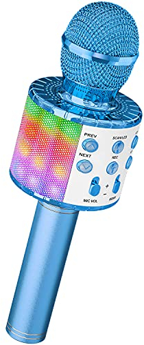 Ankuka Micrófono Karaoke Bluetooth Micrófono Inalámbrico Karaoke Micrófono Niña con Luces LED Regalo Juguetes para Niños Micrófono Cambiador de Voz, Compatible con Android, iOS, PC Azul