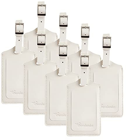 Travelambo 8 Pack Luggage Tags Faux Leather for Suitcases Travel Bag Labels Travel Accessories Essential with Protection Cover ID (Ivory)