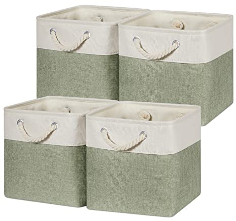 Temary Cube Storage Basket for Shelves 11 Inch Cube Storage Bin 4Pack Storage Cubes Fabric Storage Baskets for Organizing Toys, Clothes, Decorative Baskets with Rope Handles (White&Green)