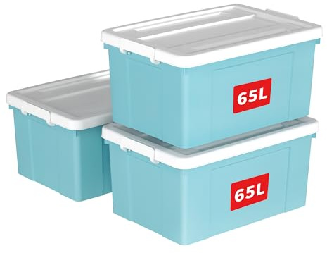 Cetomo 65L*3 Aufbewahrungsboxen, Aufbewahrungsbox mit Rollen & Deckel, Organizer-Behälter mit Clips, Stapelbar, Ineinander Nestbar, für Zuhause und Büro, Kunststoff, Blau, 65L-3er Pack