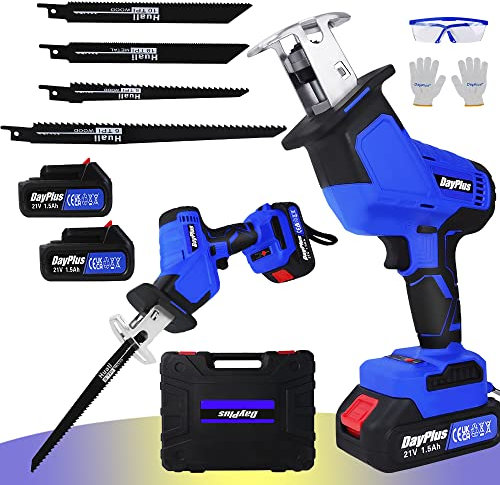 21V Bürstenlose Akku-Säbelsäge mit Akku und Ladegerät, 4 Sägeblättern Elektrischer Reciprosäge für Metall- und Holzschnitte, 1900RPM Universalsäge Stichsäge Universalsäge mit 2x1,5Ah Akkus