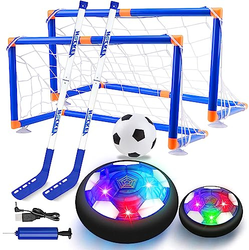 SUNACE 3 in 1 Balón Fútbol Flotant – Recargable Hockey Pelota con 2 Porteria Futbol Niños Air Power Soccer con Protectores de Espuma Suave y Luces LED Juguete Niños para Regalos Cumpleaños Navidad