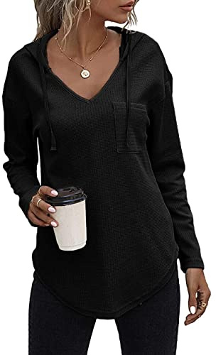 Cuptacc Hoodies For Women Uk Waffle V Neck With Drawstring Long Sleeve Sweatshirt Autumn Casual Women Tops With Pocket