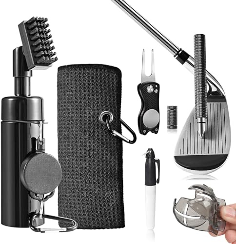 HUIJUTCHEN Kit de Limpieza para Golf Herramientas de Limpieza de Palos de Golf Limpiadores de Ranura para Palos de Golf Accesorios de Golf con Toalla Golf, Rotulador de Golf, mosquetón (Negro)
