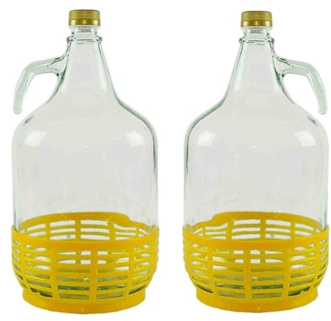 Firmadigaranzia srl SET 2 x Damigiana, Fiasco, Bottiglie di Vetro, da 5 l, con Chiusura a Tappo VITE e cestello - Dama Vetro 5L per Acqua Vino Olio - BOCCIONE Vetro per STOCCAGGIO