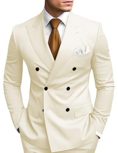 HANBANGWEI Completo da Uomo a 2 Pezzi, Doppiopetto, Slim Fit, Giacca da Uomo, Pantaloni, per Matrimoni, Balli, Feste, cene, Beige, M
