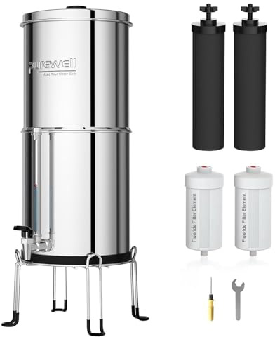 Purewell Gravitations-vattenfilter 11 l – rostfritt stålbehållare med 4 filter (aktivt kol/fluorid) med transparent kran – avlägsnar 99 % fluor, klor och metaller – strömfri