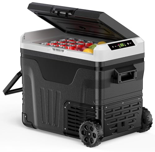 EUHOMY 50L Car Fridge,12V Refrigerator -20℃~20℃,Camping Fridge 12/24V DC, 220-240V AC with APP control, 12V Portable Freezer with Wheels for Camping, RV, Travel, Fishing, Outdoor