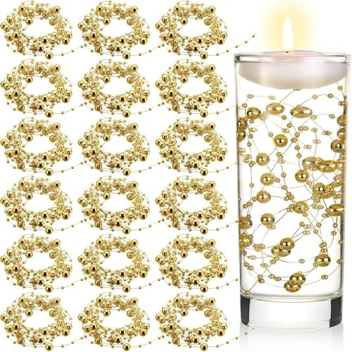 PacuM Artificial Pearls String Beads Chain, 18 Pc/70 Feet Pearl Bead String Garland Faux Pearl Christmas Beads Garland Plastic for Wedding, Party, Christmas Tree Decoration (Gold)
