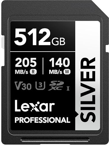 Lexar 512GB SD Card SILVER, Up to 205MB/s Read, 140MB/s Write, SDXC UHS-I Memory Card, Class 10, U3, V30, SD Card for Professional Photographers, Videographers, Enthusiasts