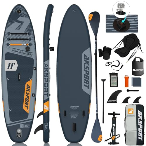 AKSPORT Planche de SUP gonflable de 11 avec kit d'accessoires de qualité supérieure - Surface extra large antidérapante - Planche de stand up paddle pour adultes et adolescents de tous niveaux