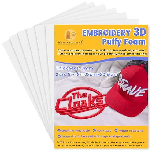 New brothread 6PCS Mousses à Broder 9″x12″ (23cmx30.5cm) grande taille 3MM d'épaisseur créant un effet de broderie 3D pour casquettes, vêtements, vestes, sacs, sacs à dos et plus encore -Blanc