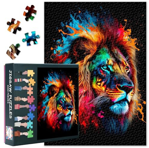 ‌Jigsaw Puzzle for Adults 1000 Piece Rainbow Lion Head Abstract Art with Fluid Art Movement for Psychedelic Mindfulness & Modern Home Décor 27.5x19.7 Inch‌