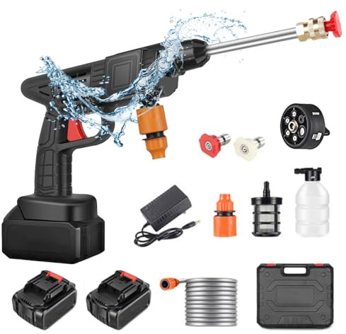 Hidrolimpiadora Inalámbrica, Máx 90 Bar Lavadora de Alta Presión Portátil con 2 Baterías, Boquilla Multiaspersión 6 en 1, Manguera de 5M, Lanza de Extensión, Herramienta de Limpieza Automóviles