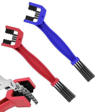 BPTRKOM Juego de 2 cepillos limpiadores de cadenas para bicicletas y motocicletas - Cepillo de limpieza profesional para cadenas de scooter y coche - Cepillo eficiente de doble cara en rojo/azul