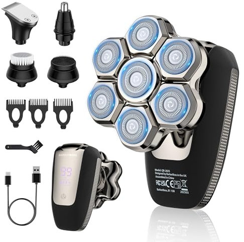 BarberBoss Glatzen Rasierer Herren, Magnetischer Rotationsrasierer, 7D Glatzenrasierer für Männer, 5-in-1 Elektrischer mit LED-Display, Bart- & Nasentrimmer, All-in-One-Gesichtspflege-Kit, QR-2025