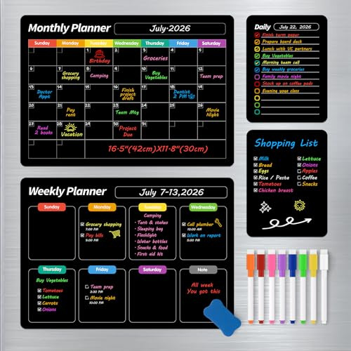 FINDMAG 4 Pack Magnetic Dry Erase Board Set, 16.5x11.8 Magnetic Calendar for Refrigerator, Fridge Calendar Magnet, Black Weekly Planner Whiteboard for Fridge, Easy to Use with 8 Markers & Eraser