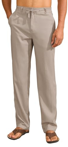 Uusollecy Pantalon Lino Hombre Cintura con Cordón Pantalones de Verano Pantalones de Lino Ligeros Casuales para Hombre, Caqui 32L/36W