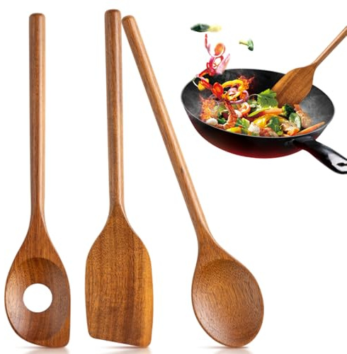 Set di 3 cucchiai da cucina in legno di acacia, 30 cm, cucchiaio da cucina in legno, posate da insalata, cucchiaio da zuppa, cucchiaio in legno per cucina e mescolare