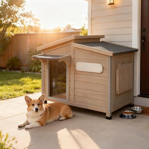 Outdoor Dog House Waterproof for Small to Medium Dogs Breeds with Openable Asphalt Roof, Anti-Chewing Iron Frame, Window, Weatherproof Indoor Outside (34 LX 22 WX 26.5 H)