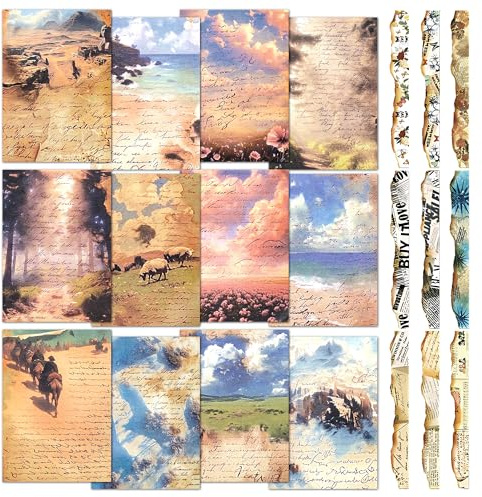 Mayplous Kit Collage Natural – 60 Hojas Papel Scrapbook y 30 Pegatinas PET con Bordes Quemados, Temas Desierto, Mar, Bosque, Floral y Pradera para Diarios y Manualidades (Asher)