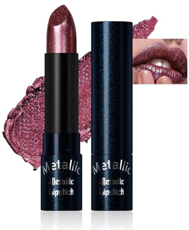 Glitter Metallic Lipstick, Long-Lasting Shimmer Creamy Lipstick For Women, Highly Pigmented Halloween Makeup Lipcolor, Full-Coverage Sparkling Lip Makeup Lightweight Non-Sticky (Dark Red)
